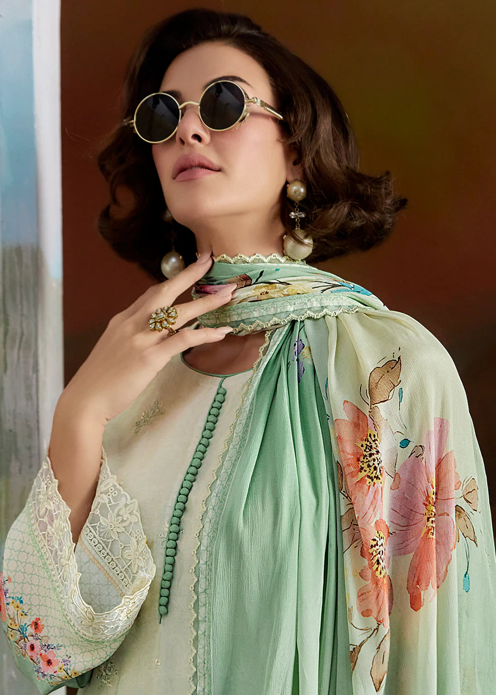 Sage Green Masleen Embroidered Suit with Printed Dupatta – Pakistani Festival & Party Wear