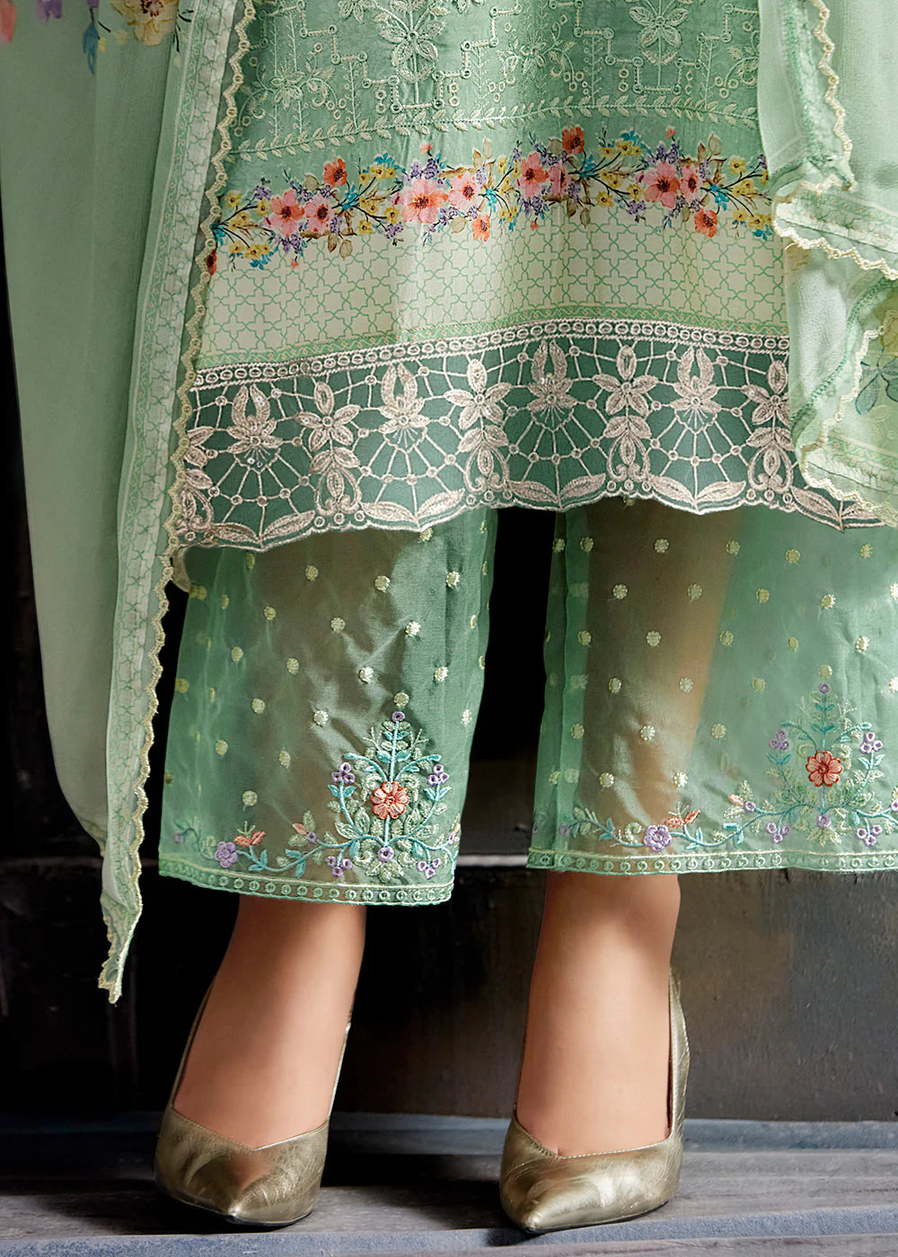 Sage Green Masleen Embroidered Suit with Printed Dupatta – Pakistani Festival & Party Wear