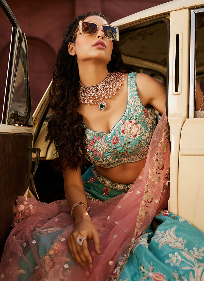 Turquoise Blue Satin Silk Lehenga Choli with Pink Net Dupatta- Embroidery & Sequins Work