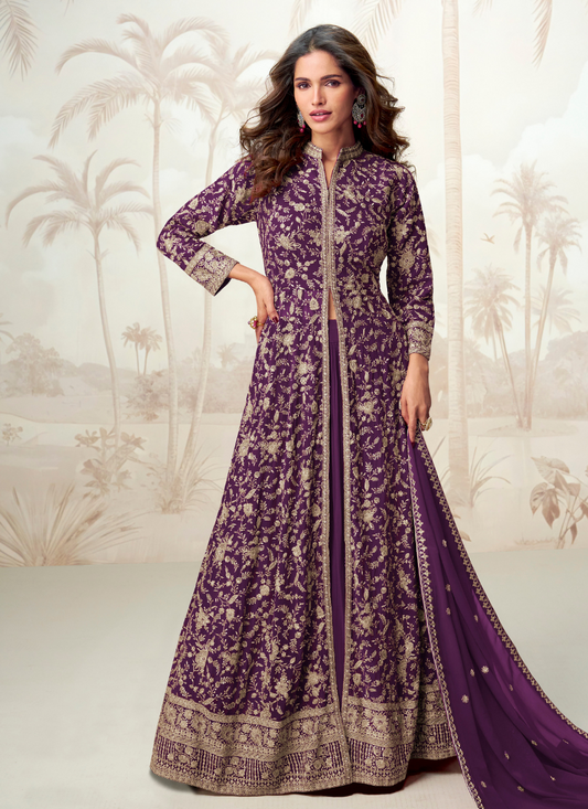 Purple Georgette Heavy Embroidered Anarkali Suit with Dupatta for Pakistani Indian Wedding and Festival