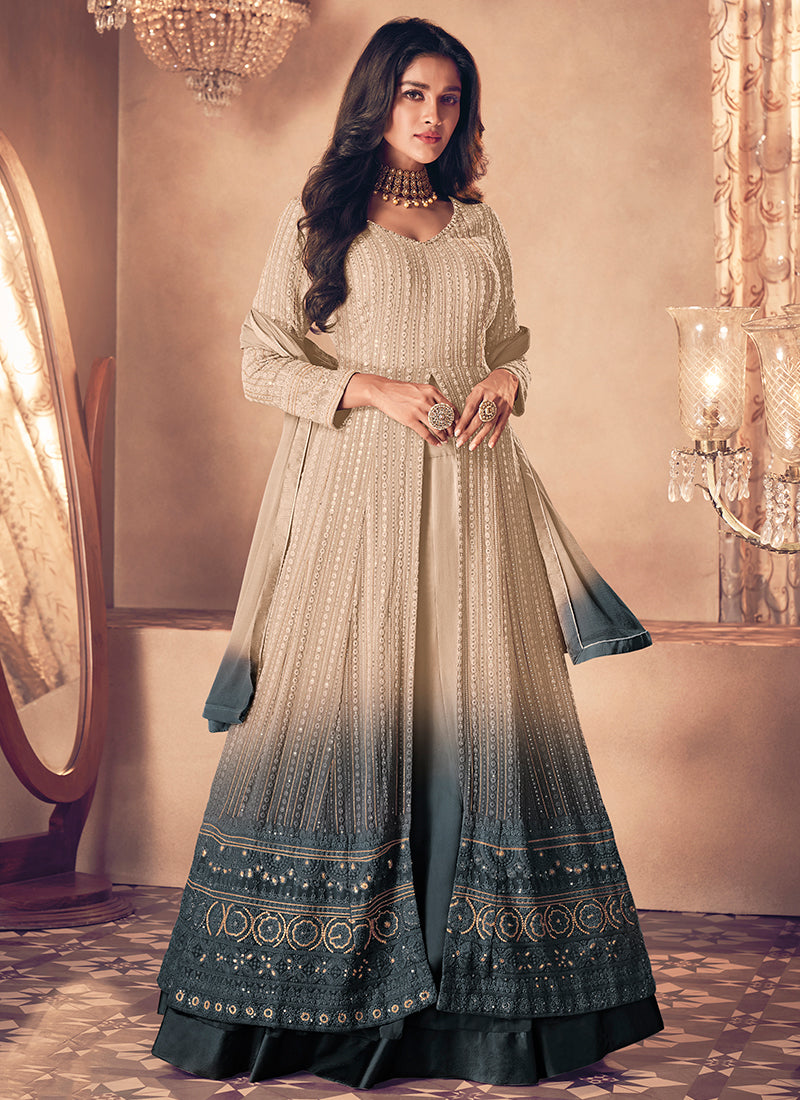 Buy Turquoise Georgette Indo Western Lehenga with Dupatta for Indian and Pakistani Wedding and Festival