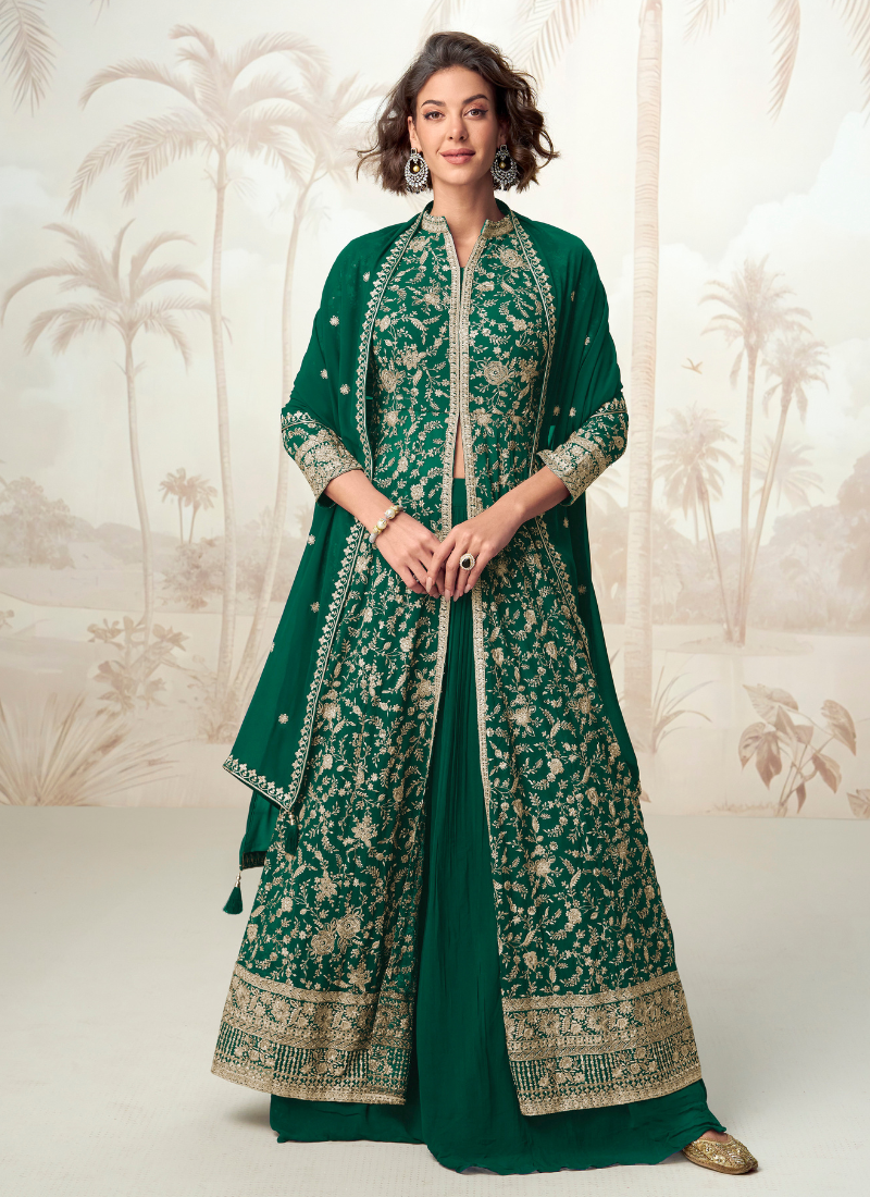 Green Georgette Long Anarkali Suit with Dupatta for Pakistani Indian Festival and Wedding – Zari and Sequin Embroidery