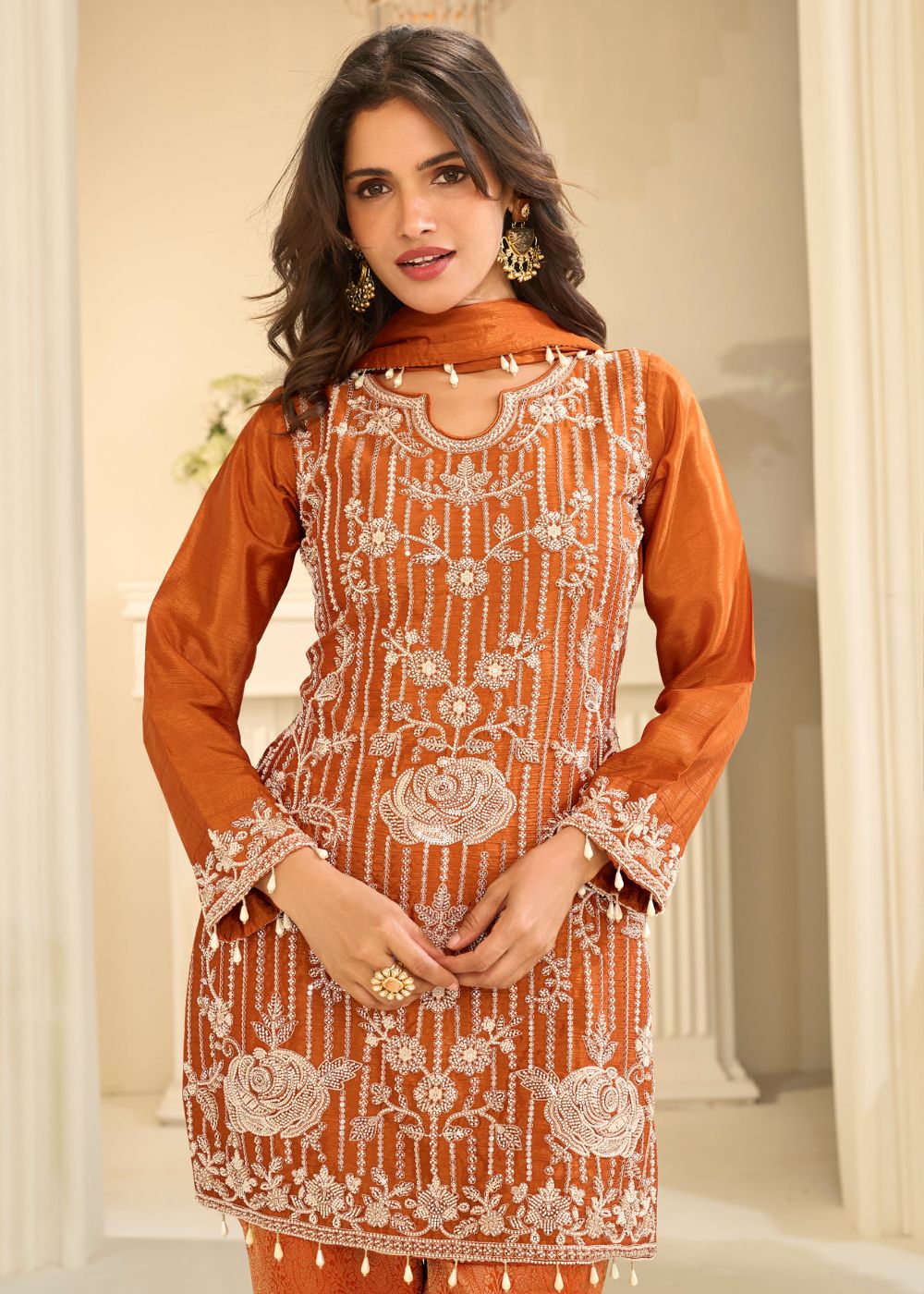orange jacquard wedding outfit