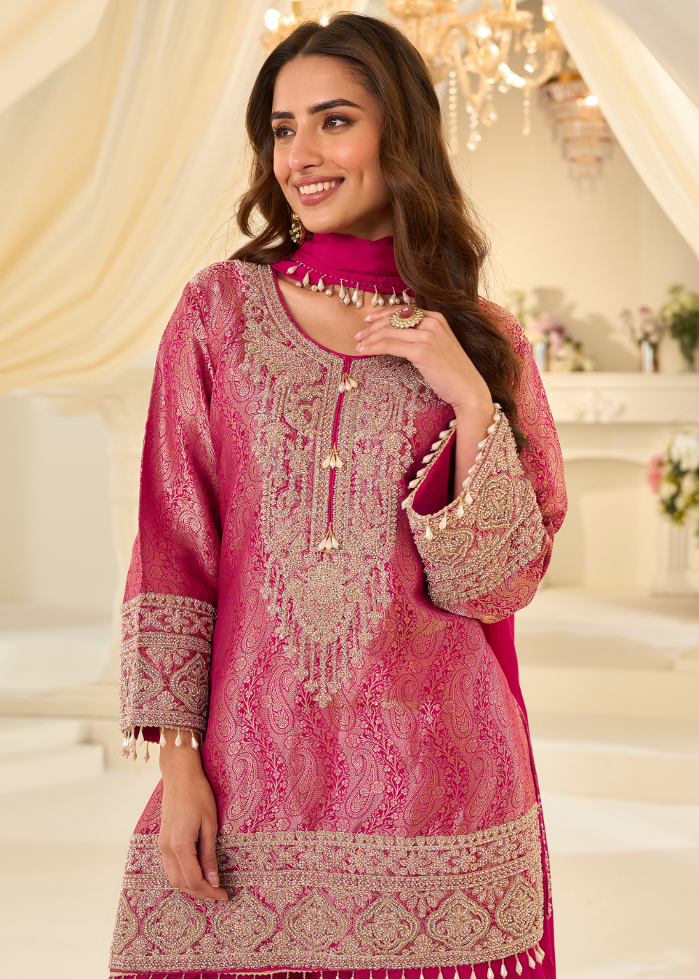indian wedding chinon silk palazzo suit with dupatta