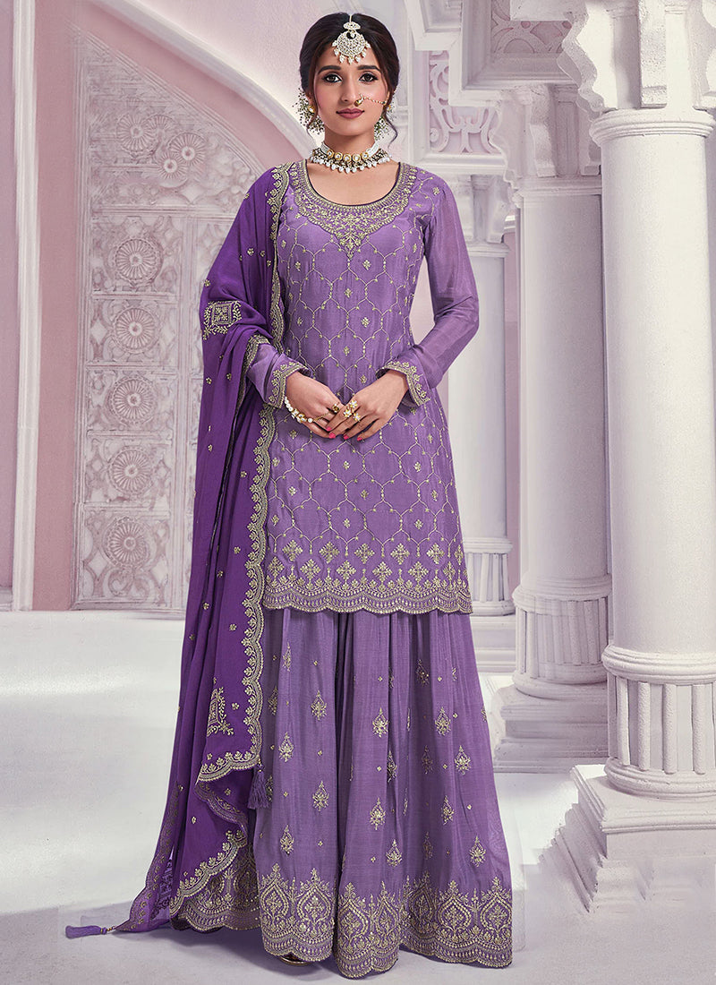 Shop Purple Chinnon Embroidered Sharara Suit with Dupatta for Indian Weddings and Pakistani Festivals