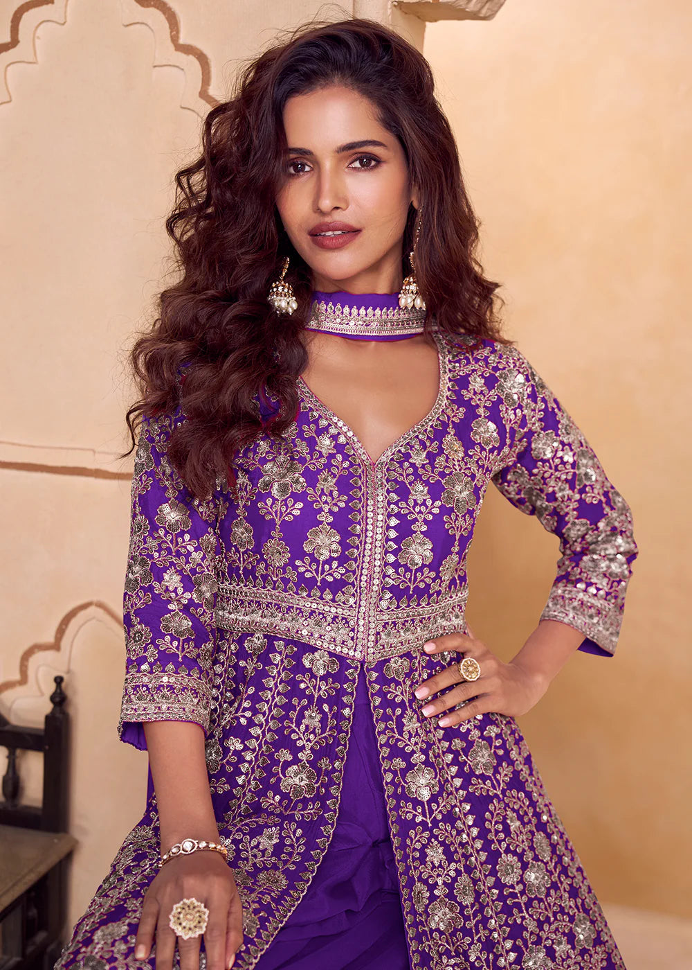 purple wedding party outfit