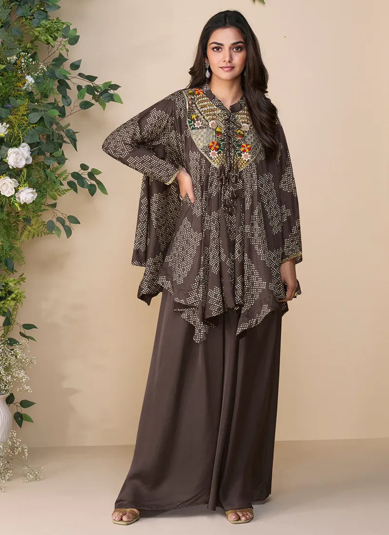 Designer Dark Brown Poncho Style Palazzo Suit – Mirror & Thread Embroidered
