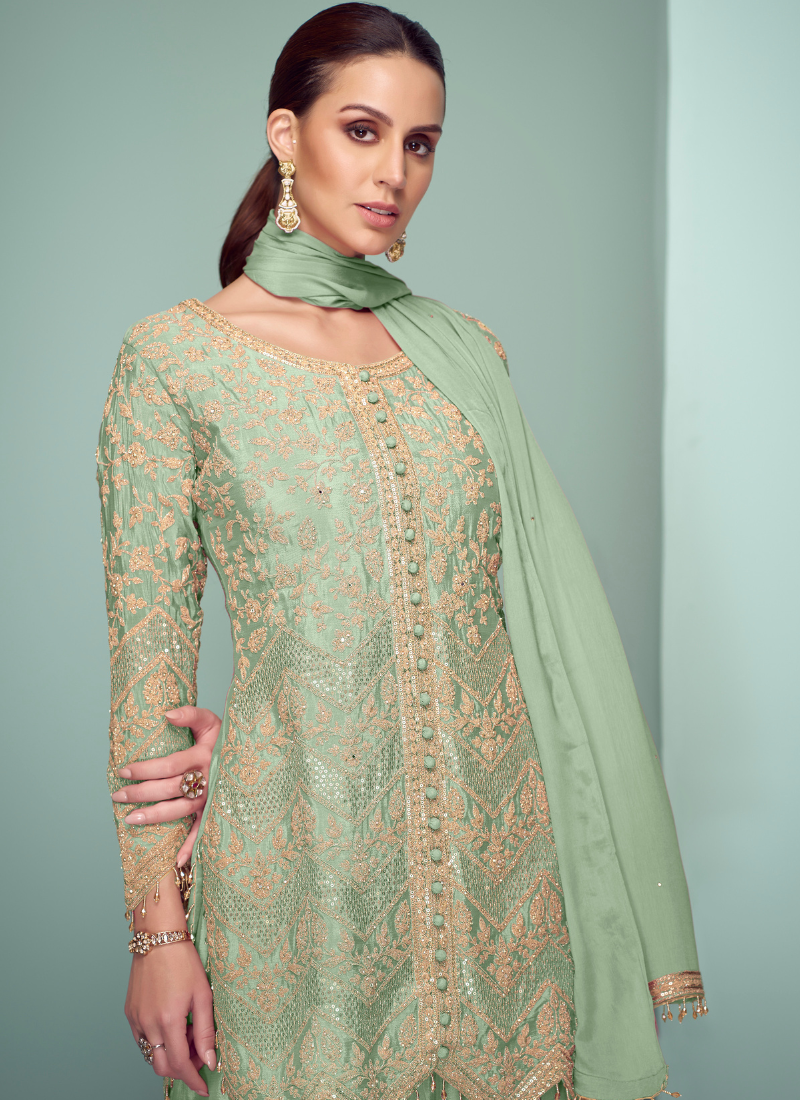 Light Green Chinon Embroidered Suit with Pant & Dupatta for Pakistani Wedding & Indian Festival