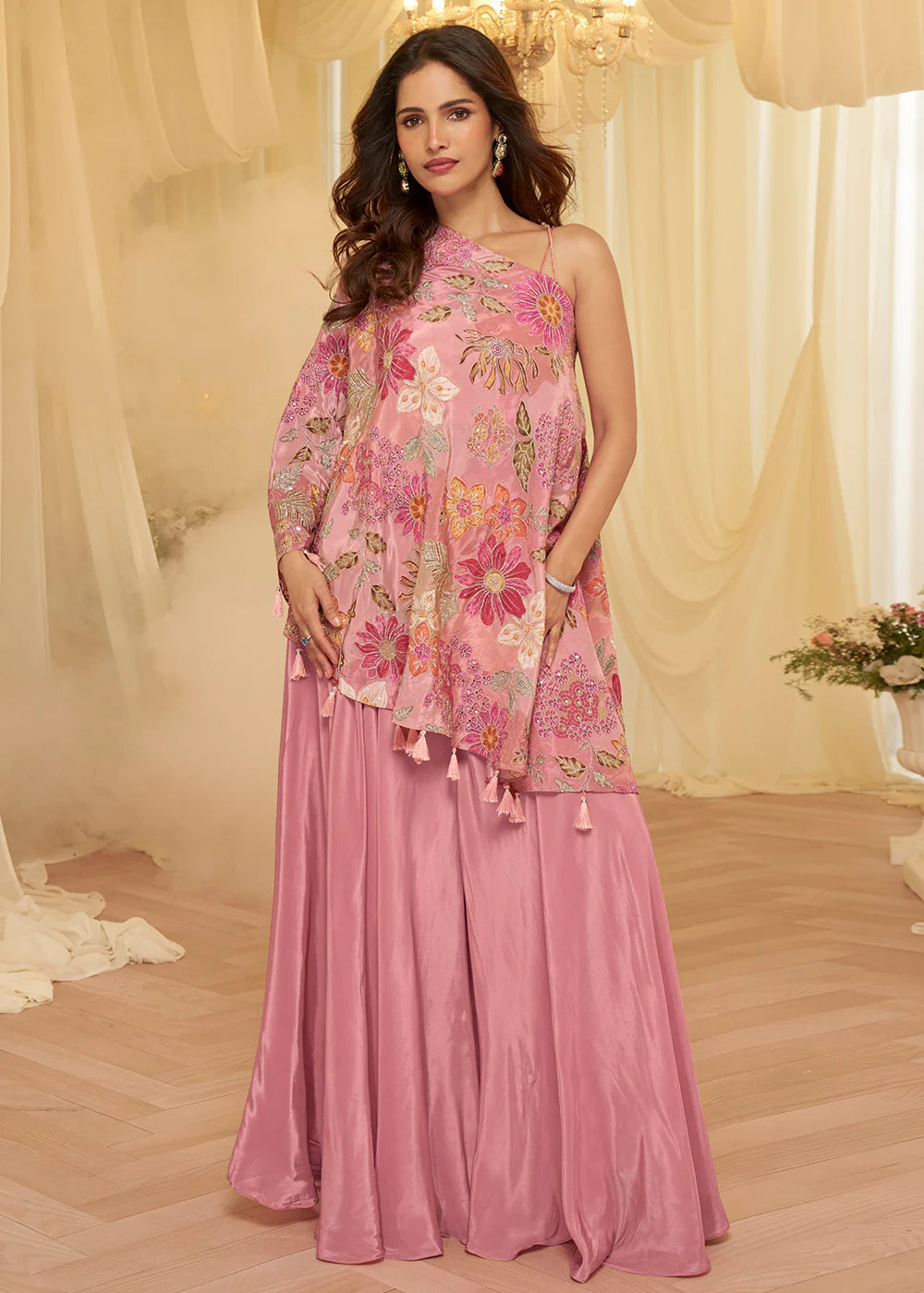 Trendy Pink Viscose Crepe Palazzo Style Dress