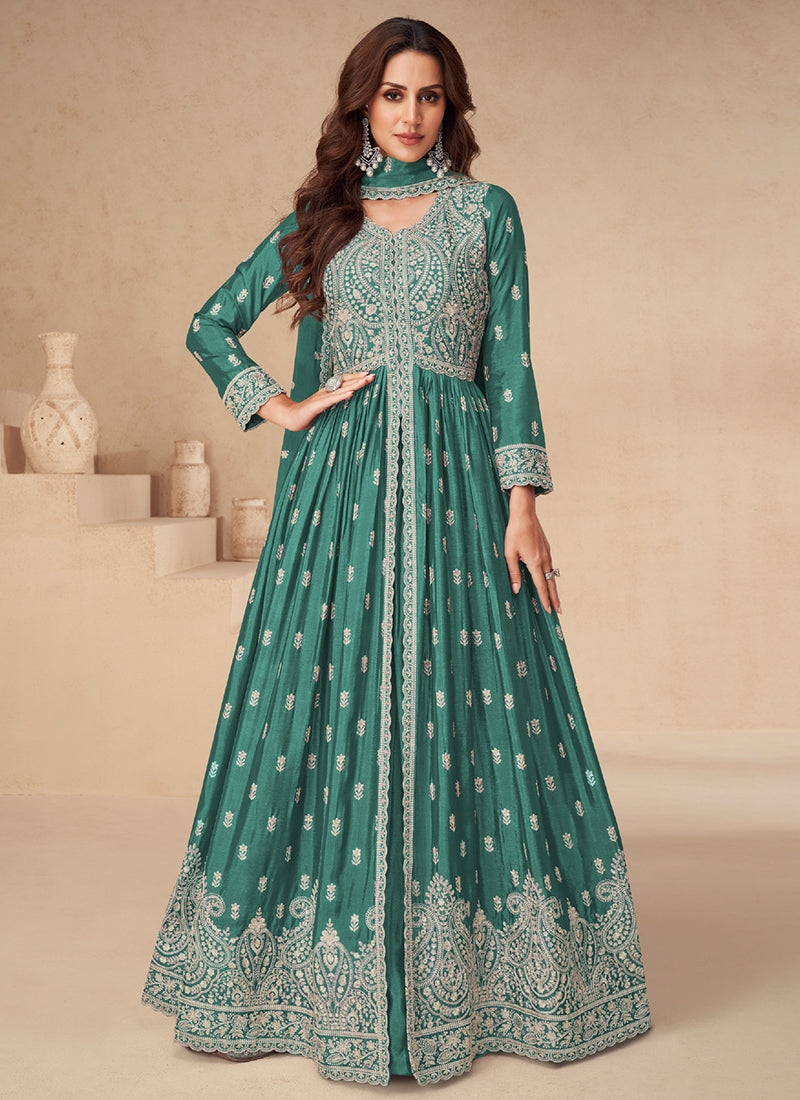 Buy Green Chinnon Silk Embroidered Anarkali Gown With Dupatta For Indian Wedding And Pakistani Festival-Bindyaa S (36'') Buy Green Chinnon Silk Embroidered Anarkali Gown With Dupatta For Indian Wedding And Pakistani Festival-Bindyaa S (36'')