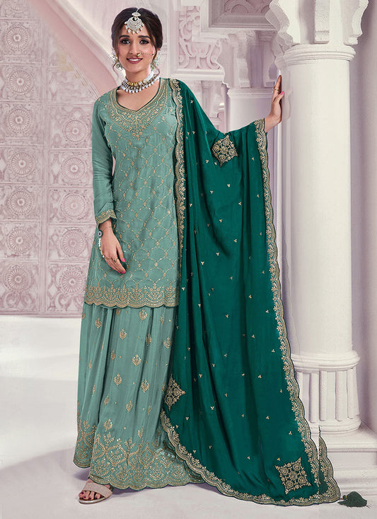 Shop Teal Green Chinnon Embroidered Sharara Suit with Dupatta for Indian Weddings and Pakistani Festivals
