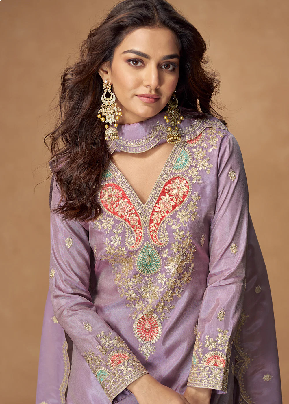 Lavender Simar Silk Palazzo Suit with Dupatta For Pakistani Wedding and Indian Festival