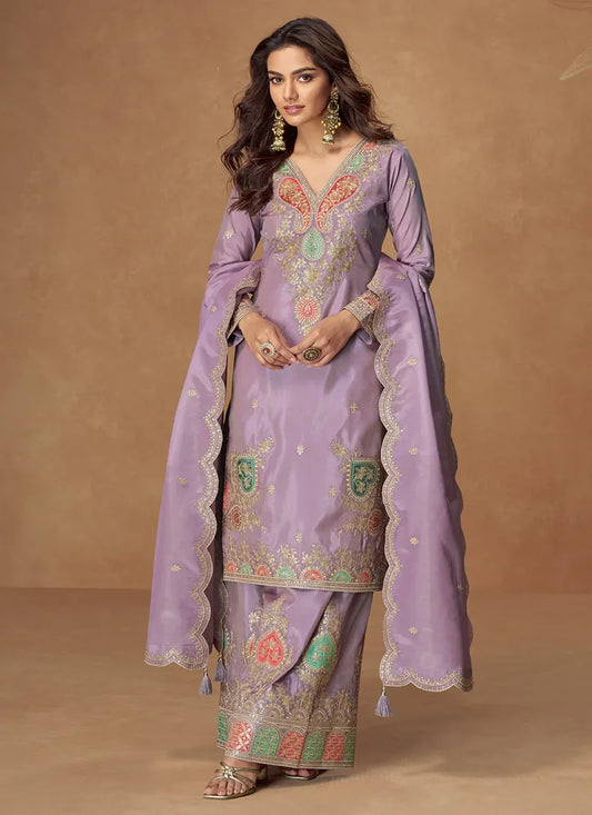 Lavender Simar Silk Palazzo Suit with Dupatta For Pakistani Wedding and Indian Festival
