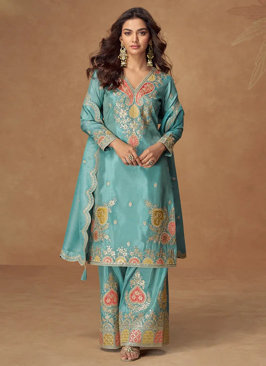Blue Simar Silk Palazzo Suit with Dupatta for Pakistani Wedding and Indian Festival