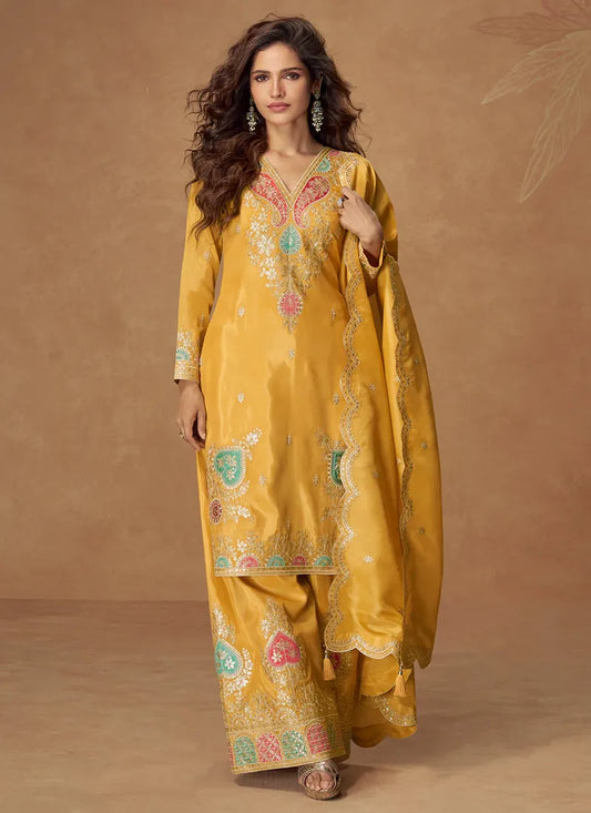 Mustard Yellow Simar Silk Palazzo Suit with Zari Embroidery For Pakistani Wedding and Indian Festival