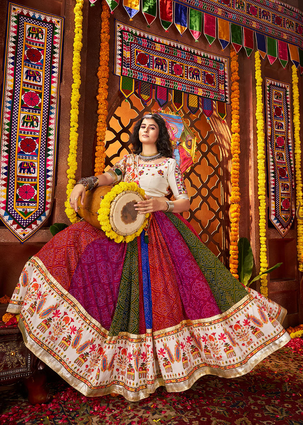 Designer Multicolor Georgette Navratri Chaniya Choli with Mirror & Thread Work