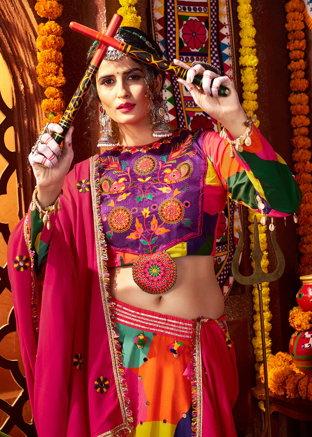 Vibrant Maslin Multicolor Navratri Chaniya Choli Set with Embroidered Mirror Work