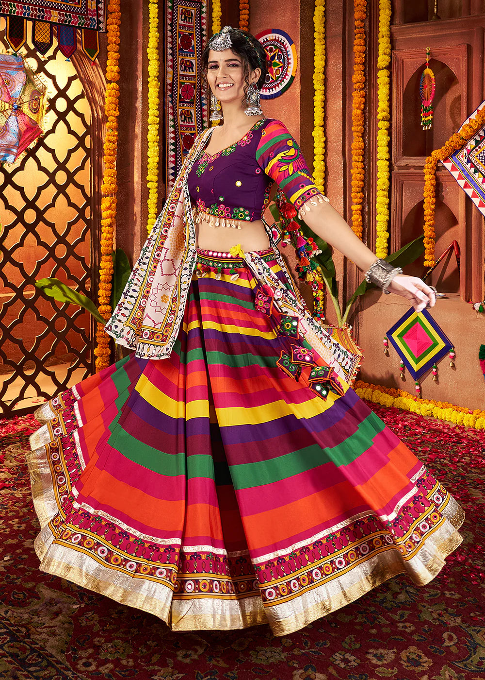 Striped Multicolor Maslin Navratri Chaniya Choli with Traditional Mirror Work