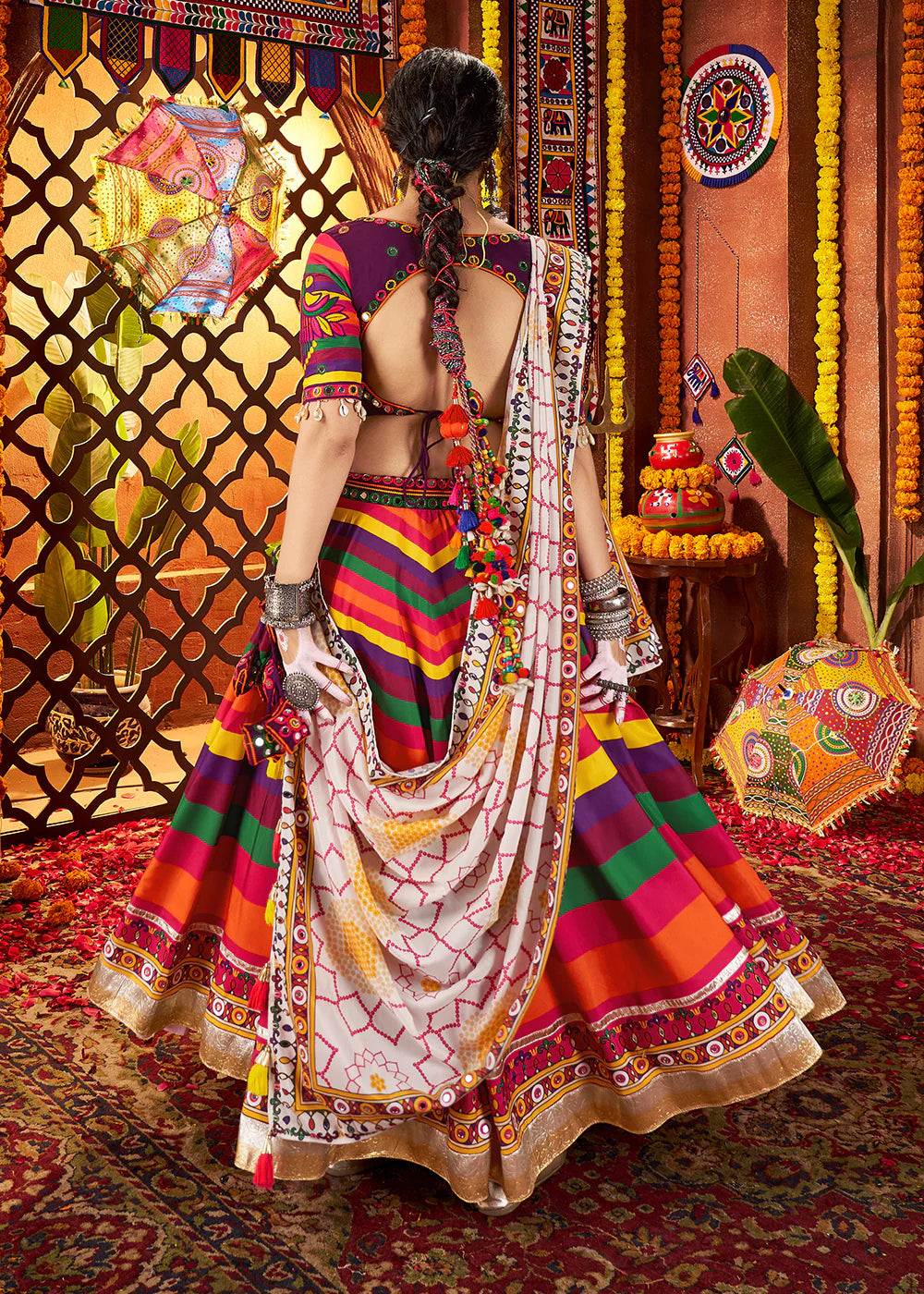 Striped Multicolor Maslin Navratri Chaniya Choli with Traditional Mirror Work