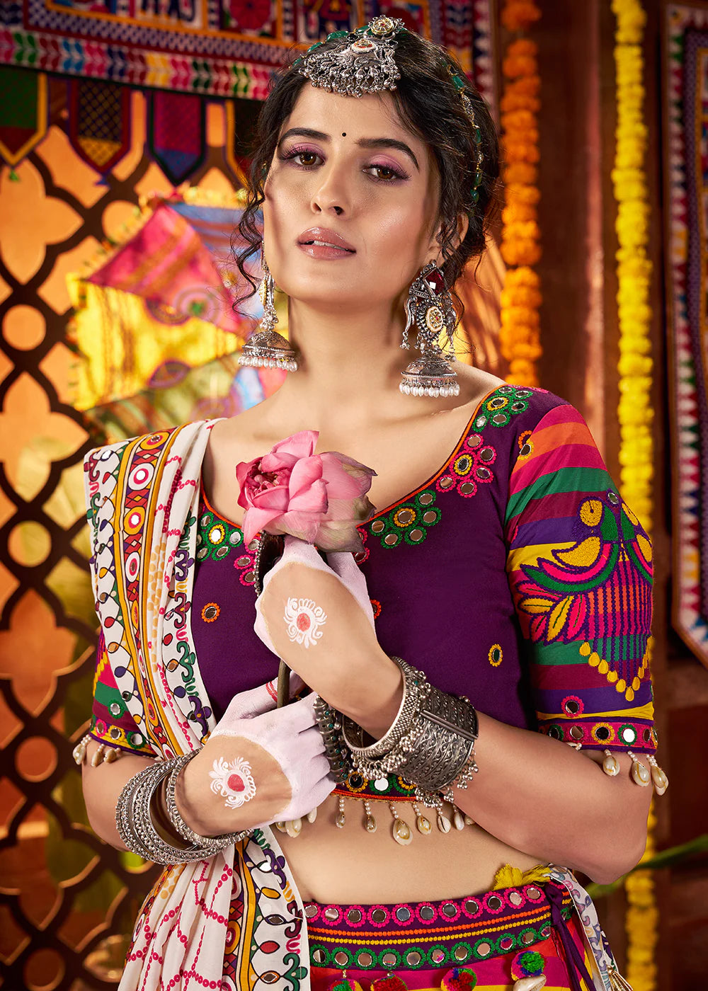 Striped Multicolor Maslin Navratri Chaniya Choli with Traditional Mirror Work