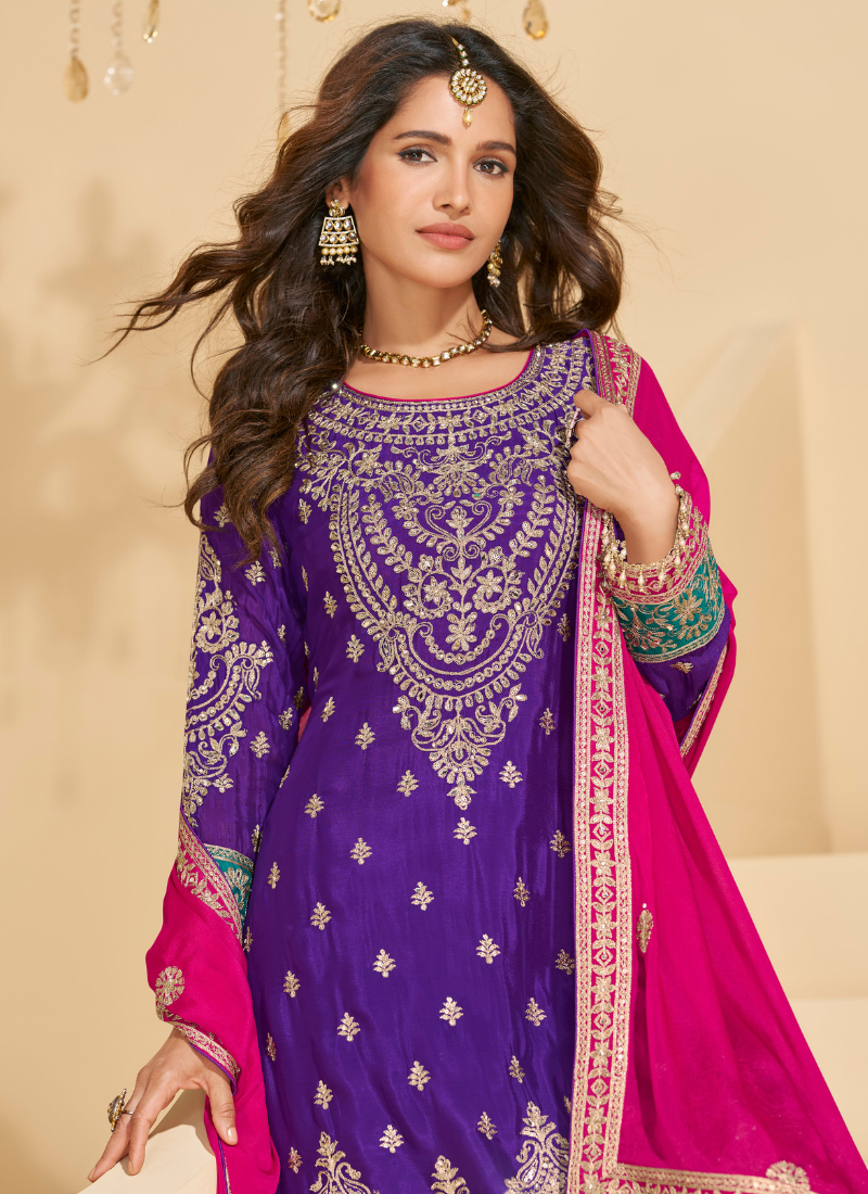 Purple and Teal Chinon Sharara Suit with Dupatta For Indian Wedding