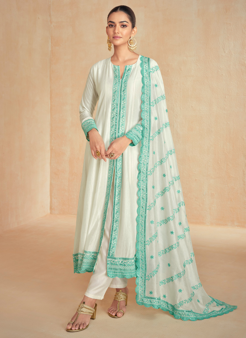 Off White Silk Anarkali Suit with Blue Embroidery and Dupatta