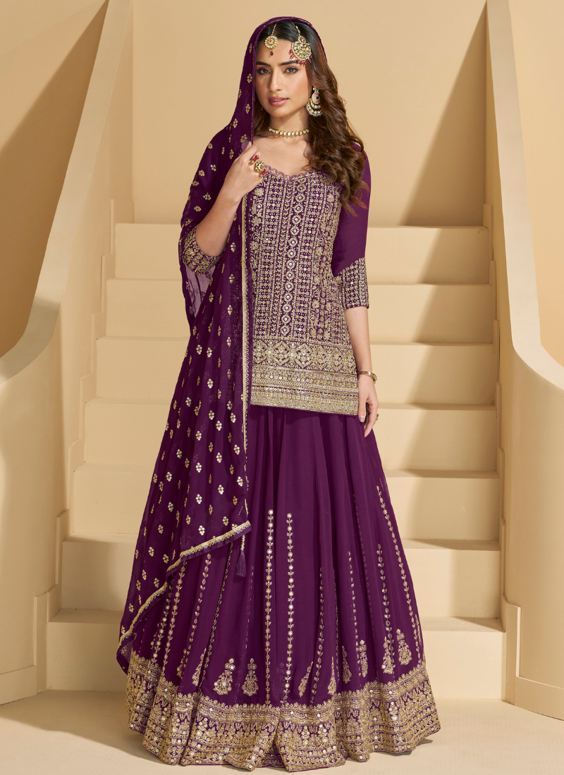 Deep Purple Georgette Sharara Suit with Dupatta for Indian Wedding and Pakistani Festival