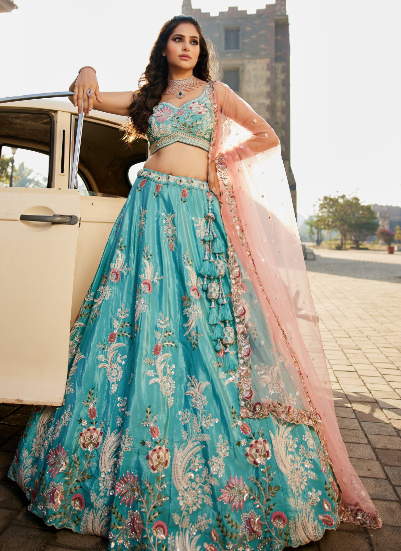 Turquoise Blue Satin Silk Lehenga Choli with Pink Net Dupatta- Embroidery & Sequins Work