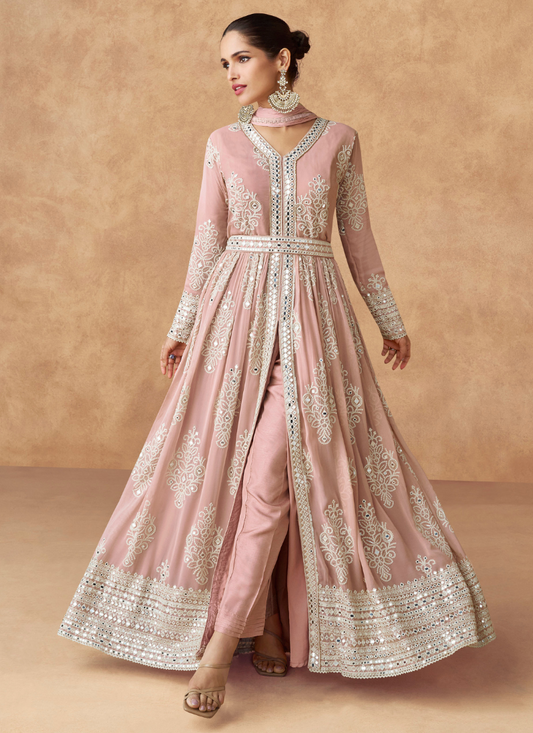 Light Pink Georgette Long Sleeves Anarkali Suit with Dupatta for Pakistani Wedding and Indian Festival