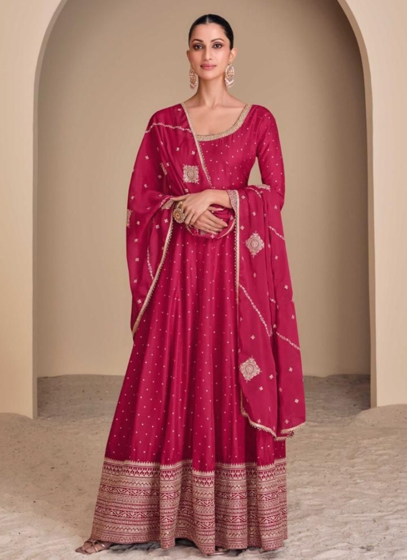 Magenta Purple Viscose Jacquard Silk Gown with Dupatta for Indian Festivals and Weddings - Exquisite Embroidery and Thread Work