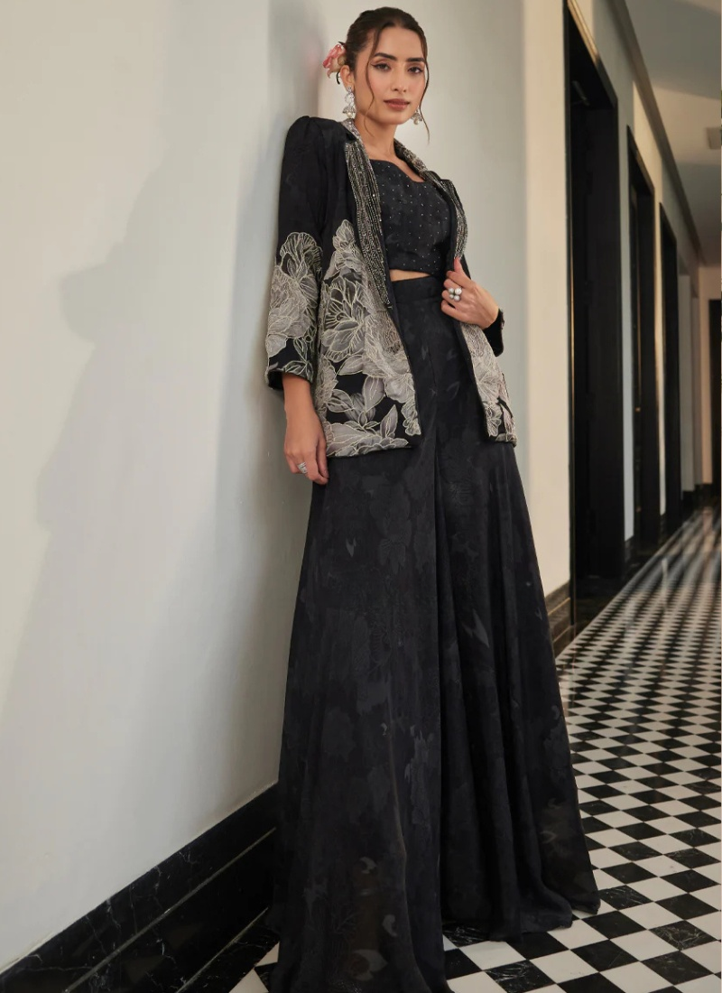 Designer Black Embroidered Floral Jacket with Flared Pants Set for Indian Pakistani Festival Party Wear