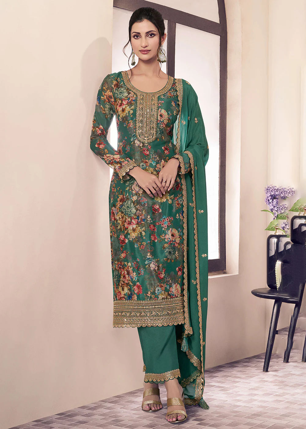 Designer Dark Green Chinnon Floral Embroidred Salwar Suit-Perfect for Indian Festival and Pakistani Wedding