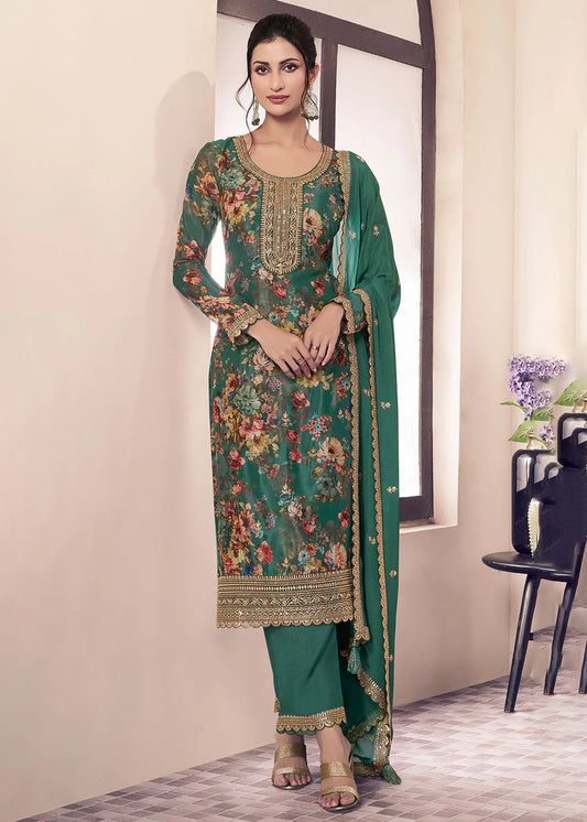 Designer Dark Green Chinnon Floral Embroidred Salwar Suit-Perfect for Indian Festival and Pakistani Wedding