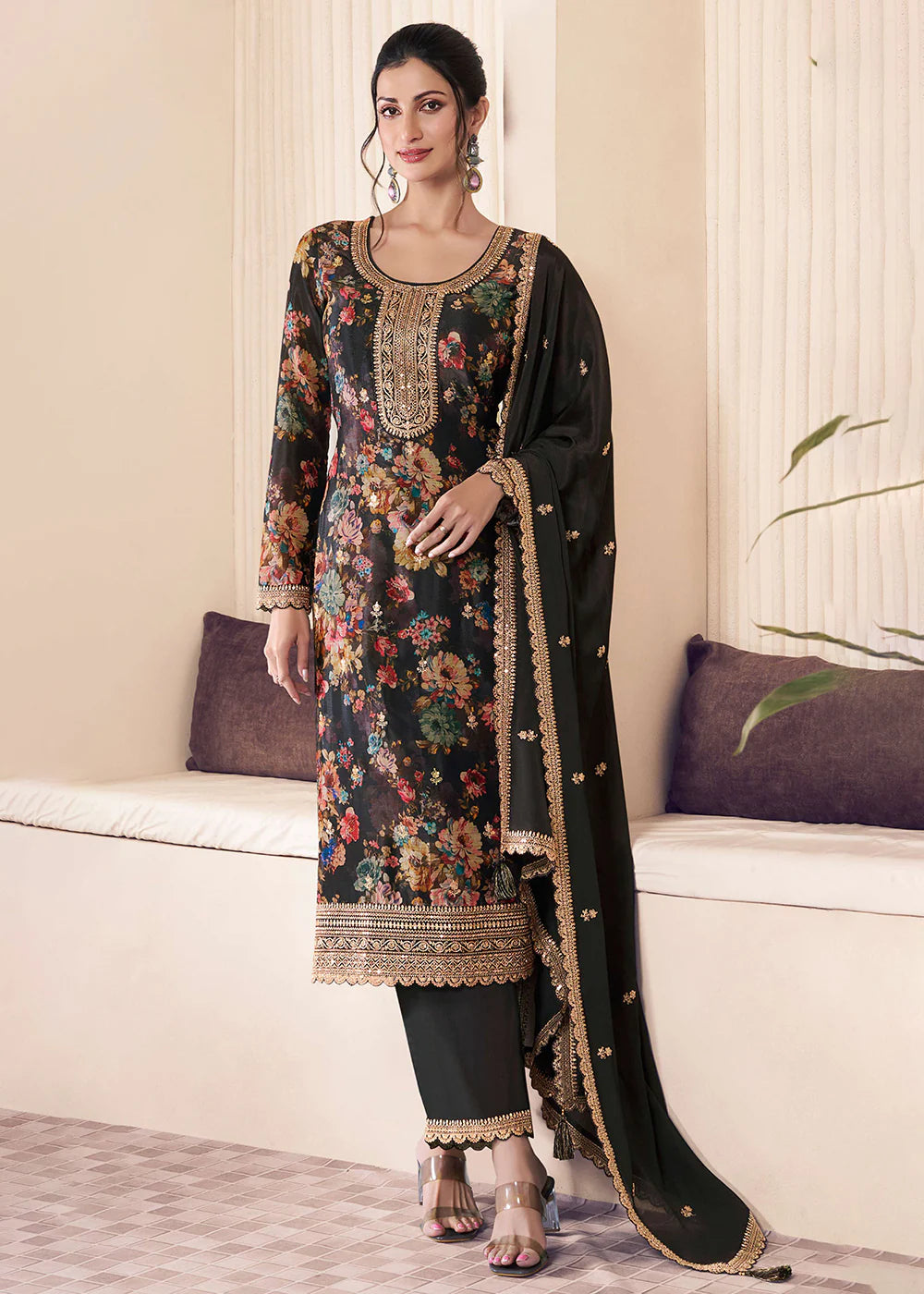Designer Black Chinnon Floral Embroidred Salwar Suit-Perfect for Indian Festival and Pakistani Wedding