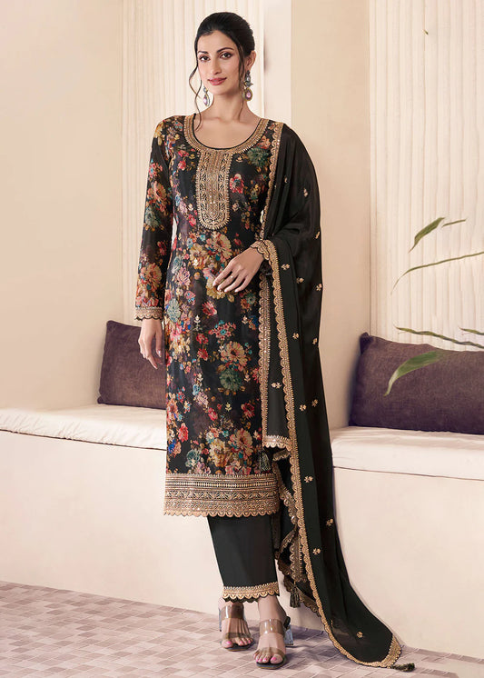 Designer Black Chinnon Floral Embroidred Salwar Suit-Perfect for Indian Festival and Pakistani Wedding