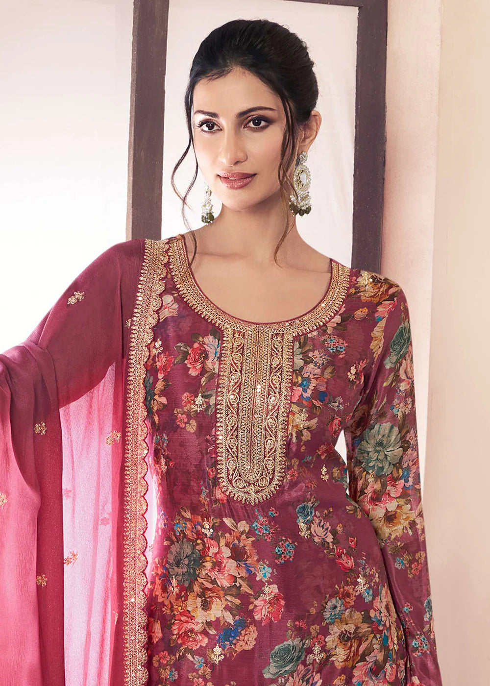 Designer Maroon Chinnon Floral Embroidred Salwar Suit-Perfect for Indian Festival and Pakistani Wedding