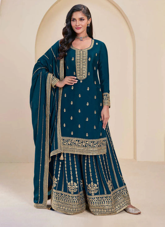 Buy Blue Chinnon Embroidered Sharara Suit with Dupatta for Indian Weddings and Pakistani Festivals