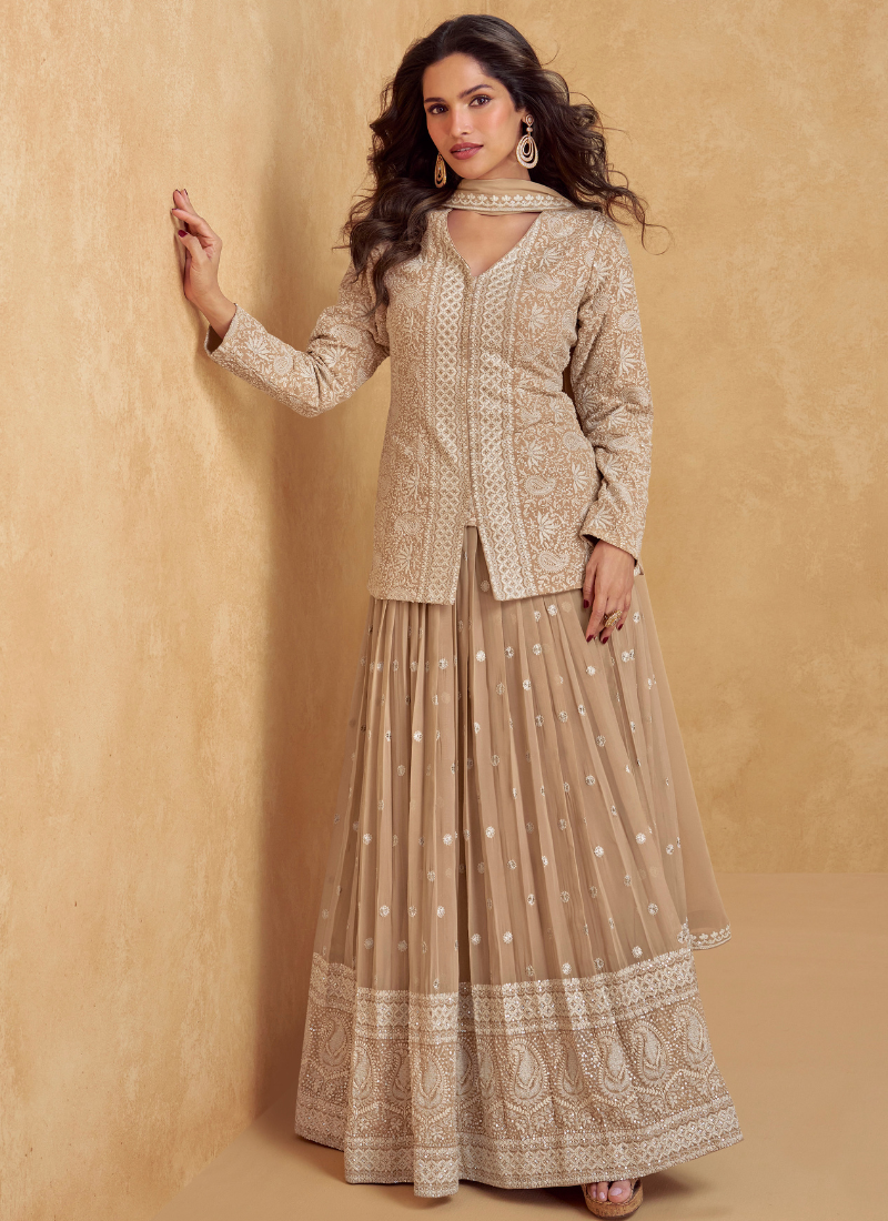 Beige Embroidered Georgette Long Sleeve Lehenga Style Suit with Dupatta – Indian Pakistani Wedding & Festival Wear