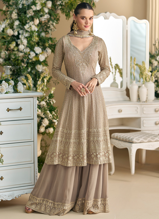 Taupe Gold Georgette Long Sleeves Anarkali Plazzo Suit with Dupatta for Indian Wedding and Pakistani Festival