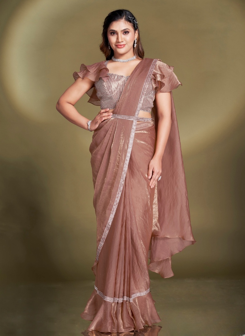 Ready To Wear Brown Satin Silk Saree With Designer Blouse For Indian Festival And Pakistani Wedding
