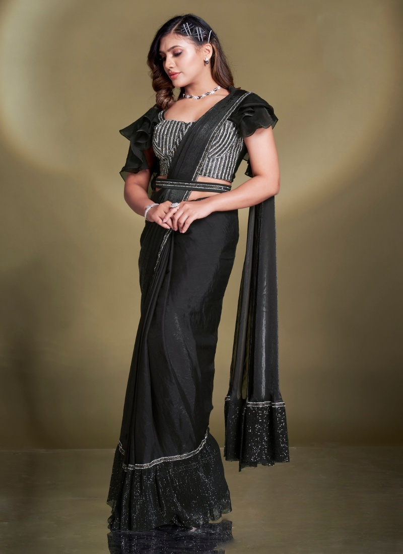 Ready To Wear Black Satin Silk Saree With Designer Blouse For Indian Festival And Pakistani Wedding