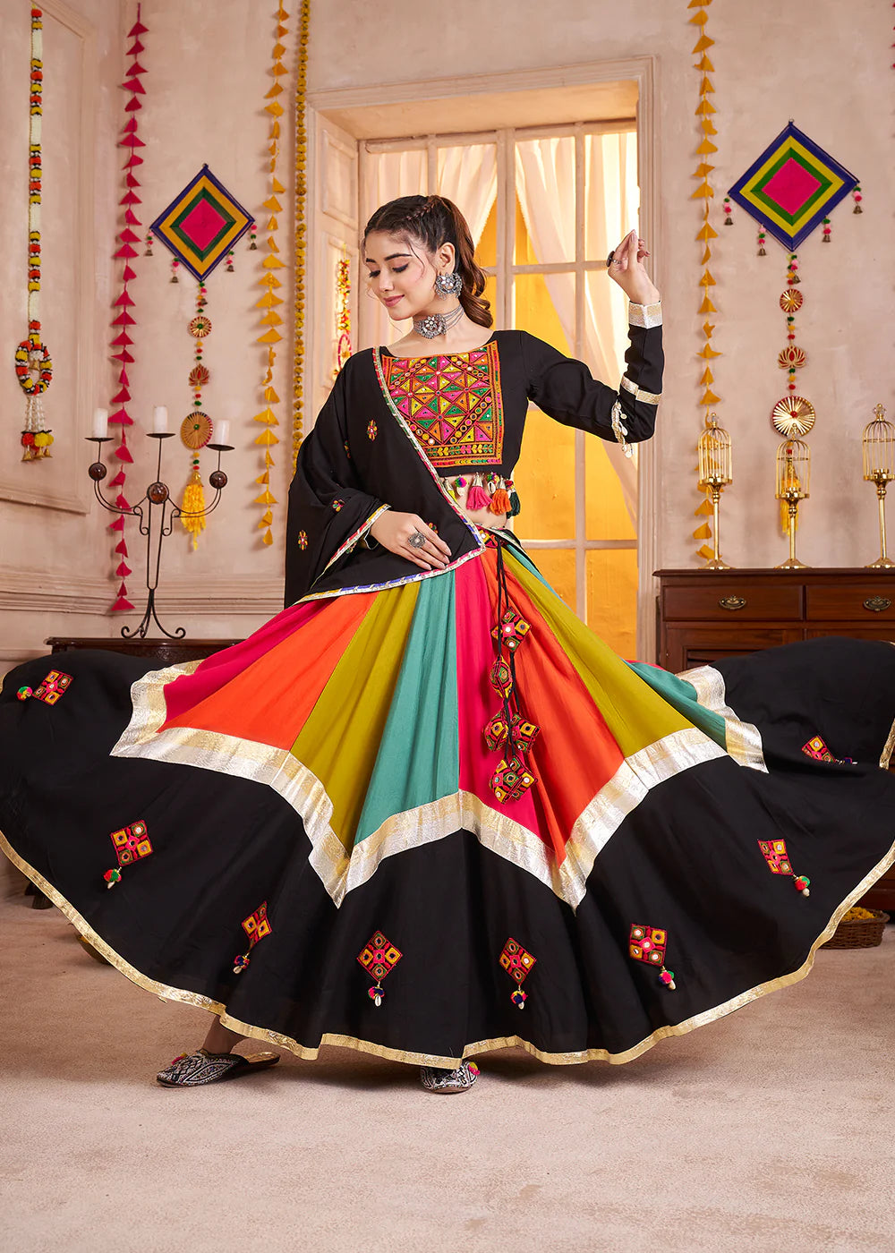 Black and Multicolor Mirror Embroidered Navratri Lehenga Choli