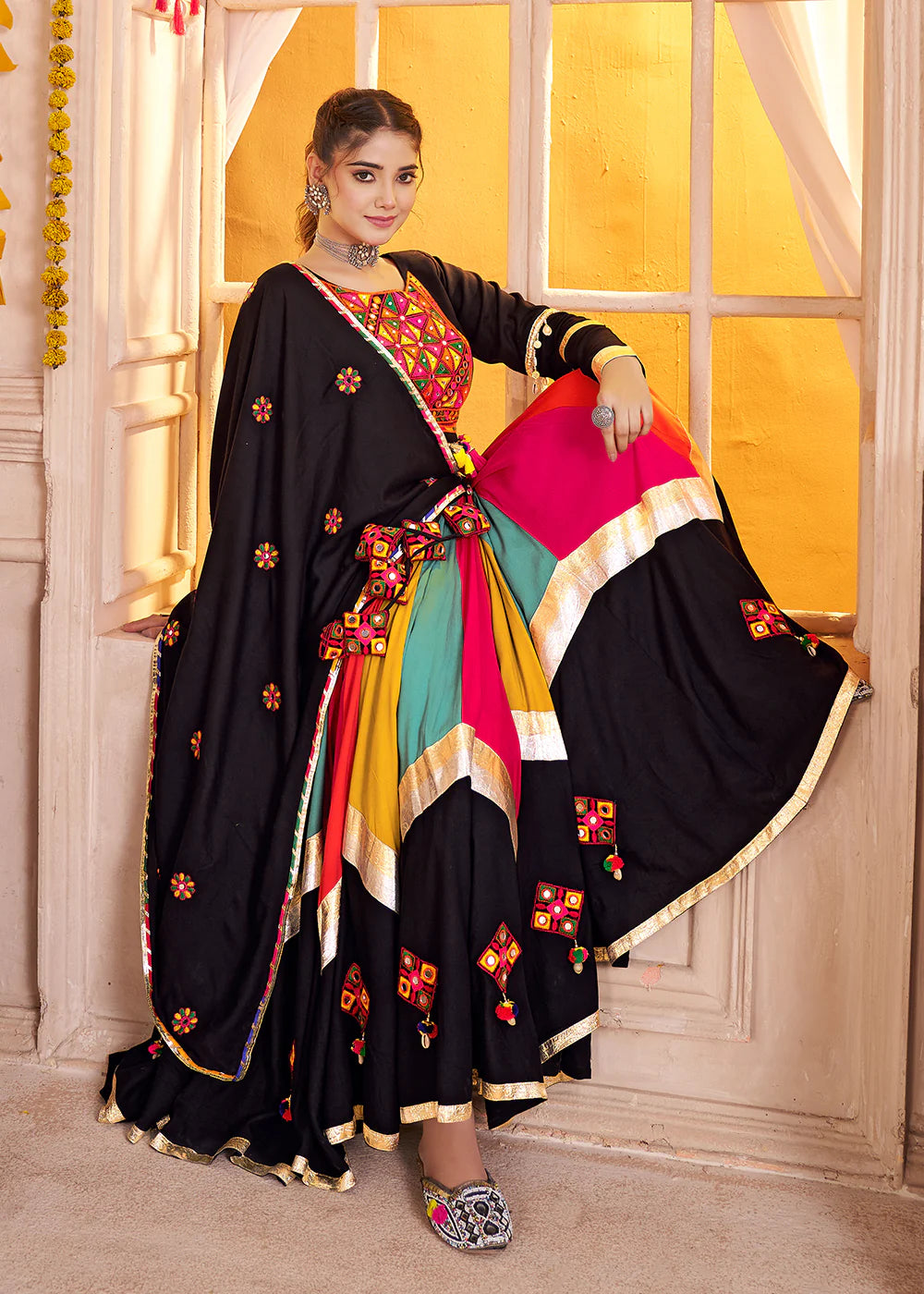 Black and Multicolor Mirror Embroidered Navratri Lehenga Choli