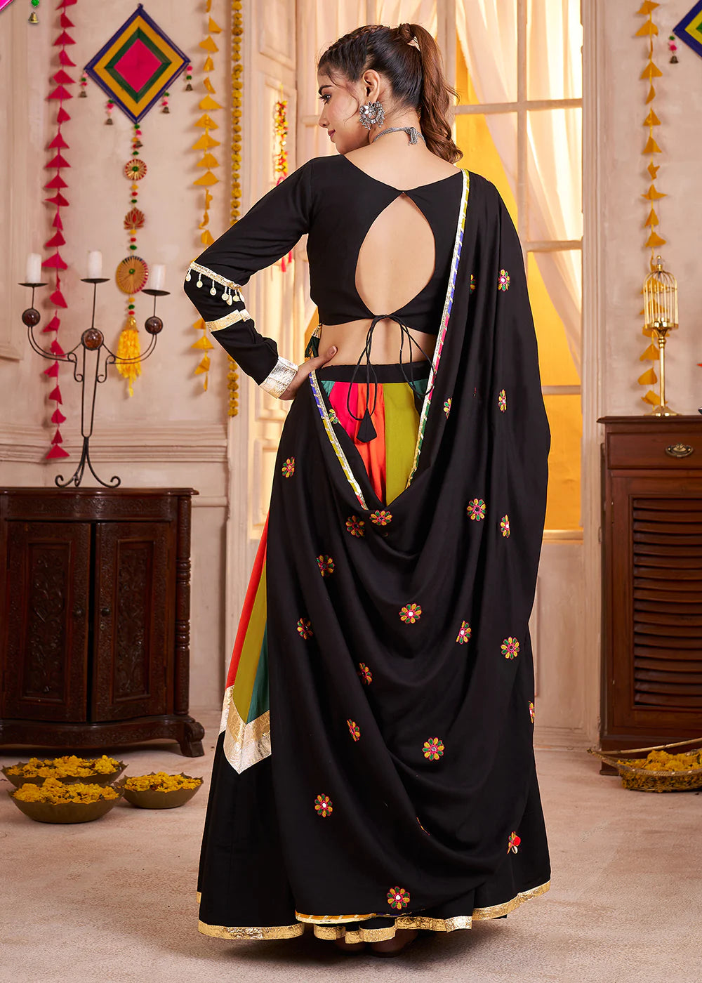 Black and Multicolor Mirror Embroidered Navratri Lehenga Choli
