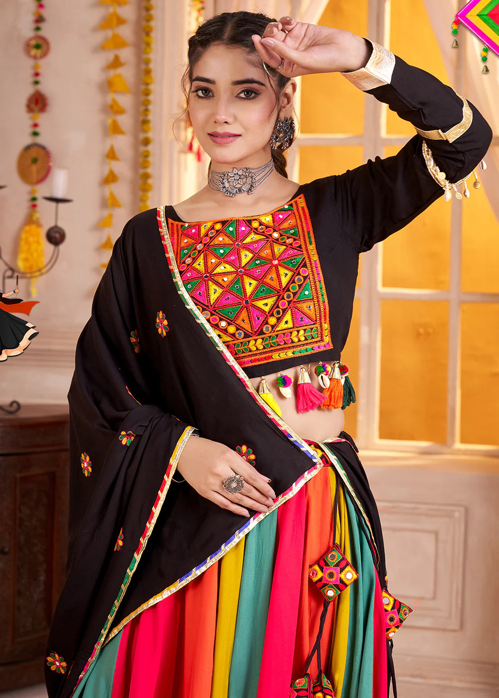 Black and Multicolor Mirror Embroidered Navratri Lehenga Choli