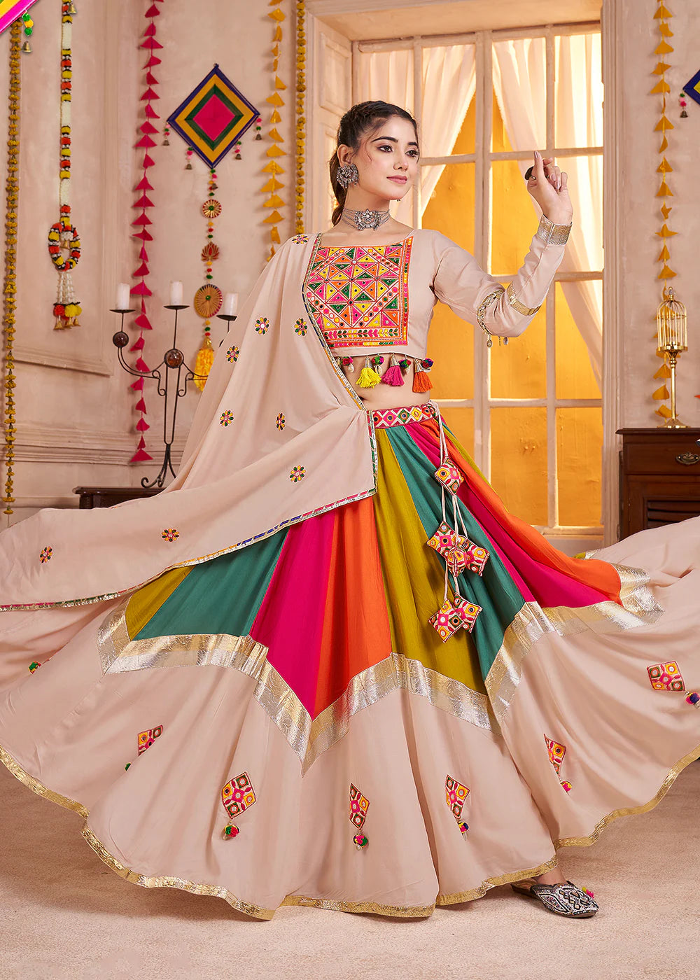 Beige Multicolor Mirror Work Navratri Lehenga Choli