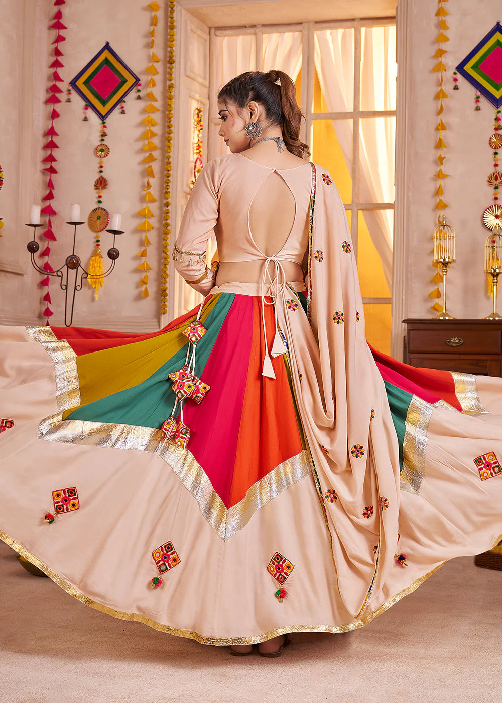 Beige Multicolor Mirror Work Navratri Lehenga Choli