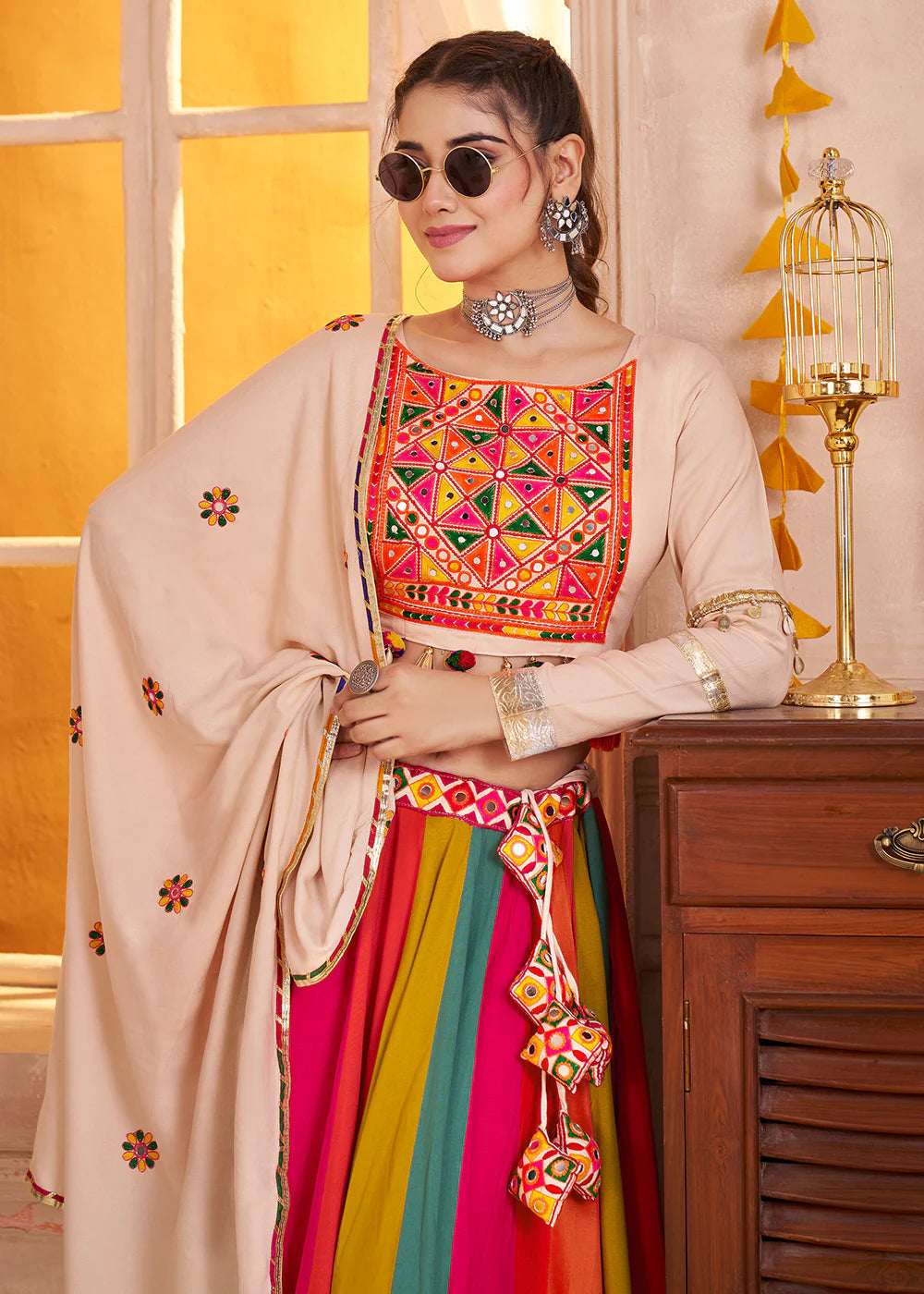 Beige Multicolor Mirror Work Navratri Lehenga Choli