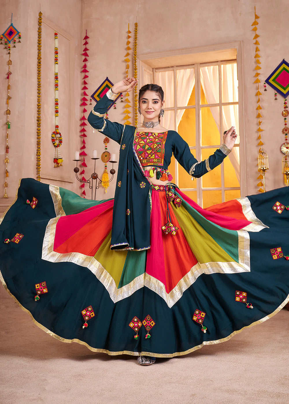 Teal Blue and Multicolor Mirror Work Navratri Lehenga Choli