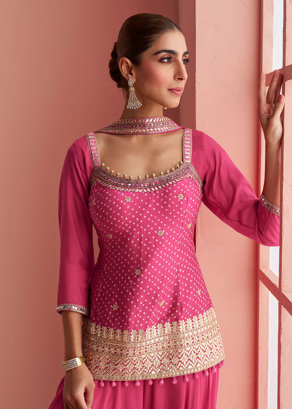 Designer Magenta Pink Chinon Silk Embroidered Palazzo Suit with Dupatta For Indian Wedding and Pakistani Festival